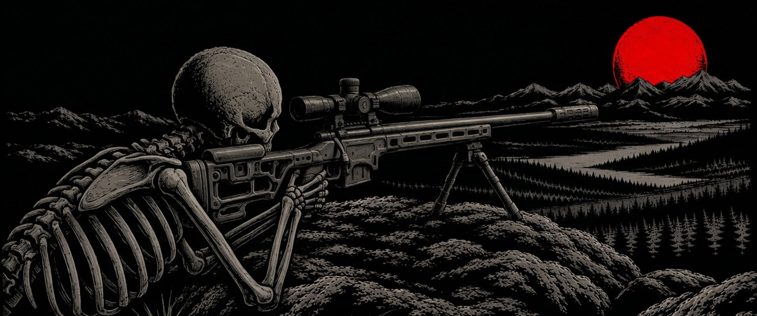 Illustration: a skeleton lies prone behind a scoped rifle on a bipod, looking out over hills and forest toward a red sun